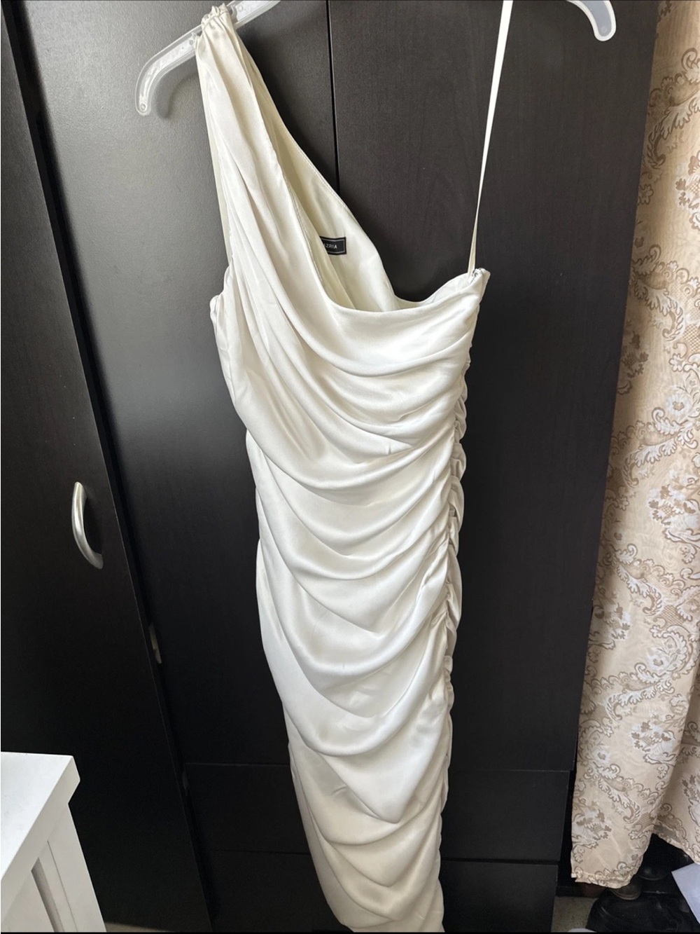 BCBGMaxAzria Ivory One-Shoulder Draped Satin Dress